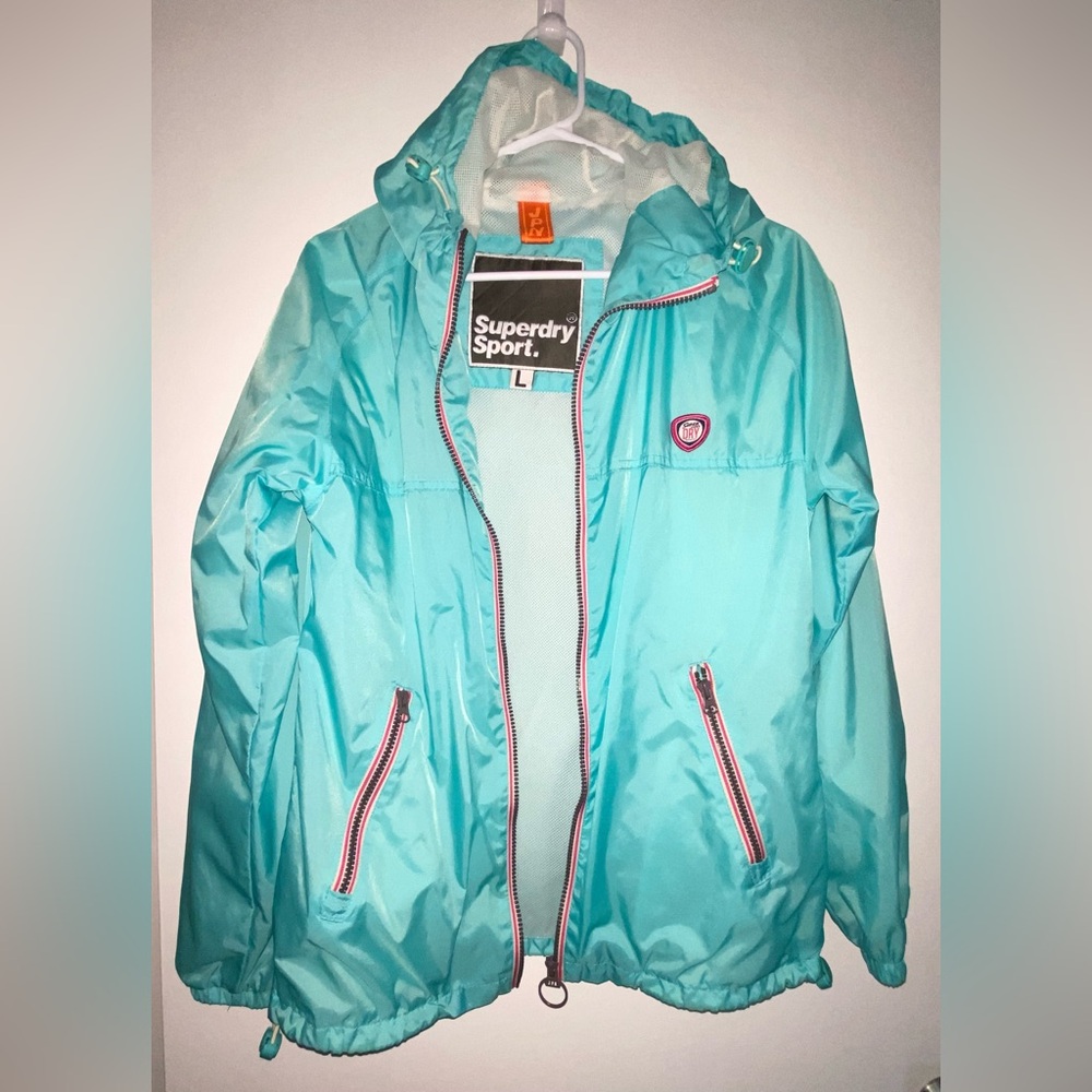 SUPERDRY Sport blue women’s windbreaker rain hooded zip jacket L (US size 10)